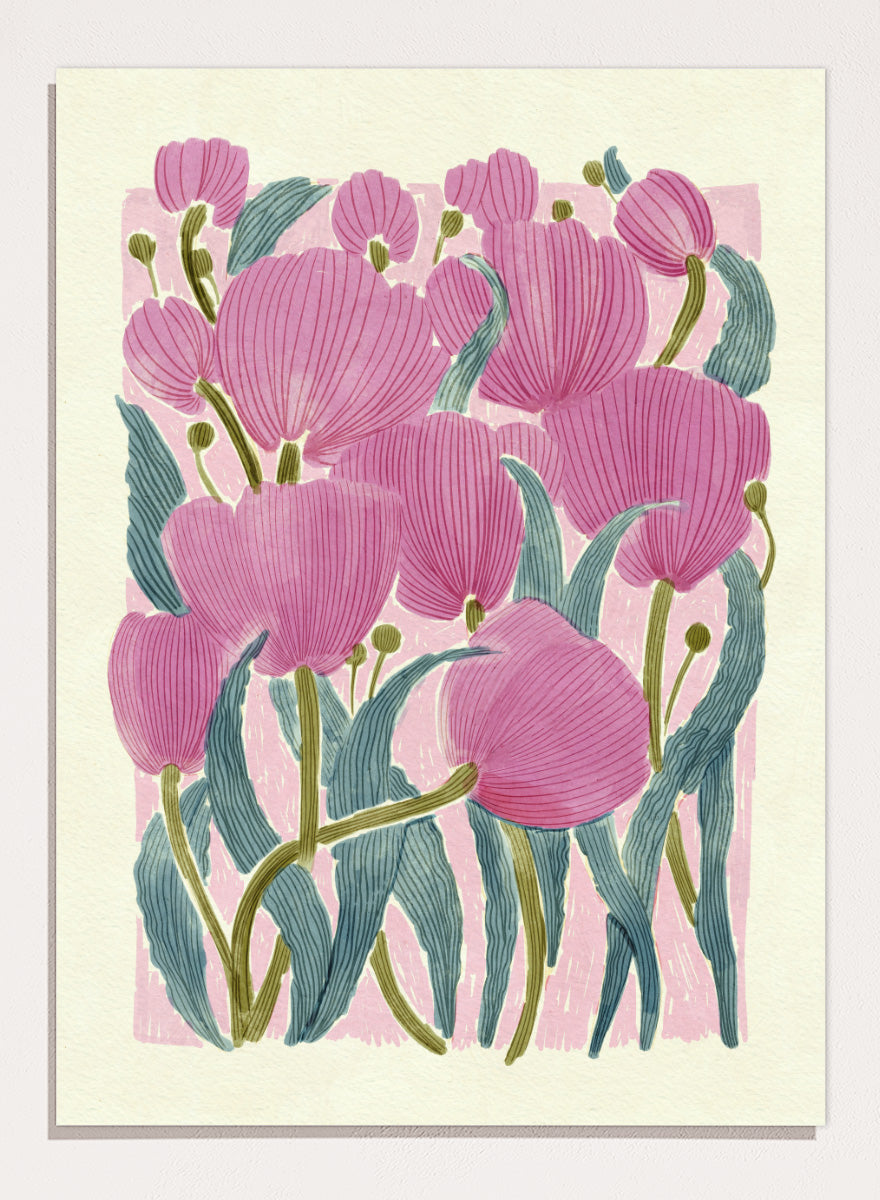 A framed art print featuring a stylized illustration of pink tulips with textured green leaves on a light cream background. Shop Pink Tulips by Katie O&