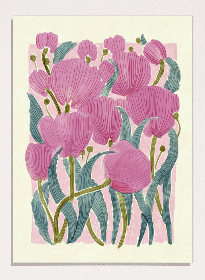 A framed art print featuring a stylized illustration of pink tulips with textured green leaves on a light cream background. Shop Pink Tulips by Katie O&