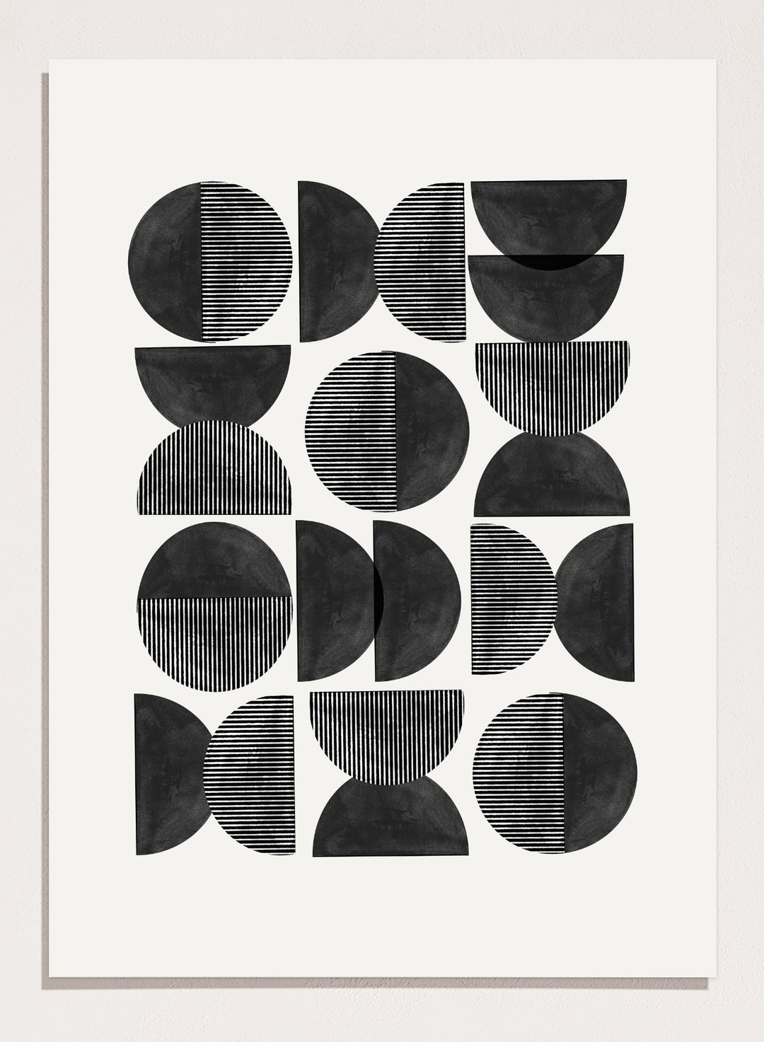 Geometric pattern of black semi-circles on a white background. Geometric Rhythm by The MIUUS Studio is a minimalist abstract art print and wall poster featuring repeating geometric shapes, black and white tones, and modern striped textures.