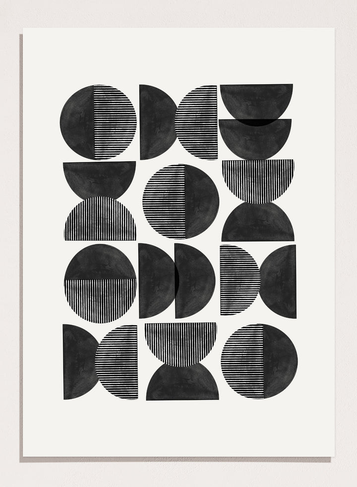 Geometric pattern of black semi-circles on a white background. Geometric Rhythm by The MIUUS Studio is a minimalist abstract art print and wall poster featuring repeating geometric shapes, black and white tones, and modern striped textures.