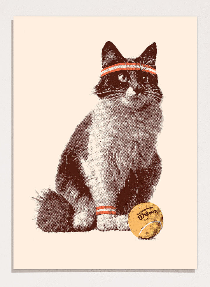 Cat wearing a striped bandana with a tennis ball on a beige background. Retro Tennis Cat by Florent Bodart is a playful cat art print with vintage tennis style, a modern wall poster with retro texture, humor, and character.