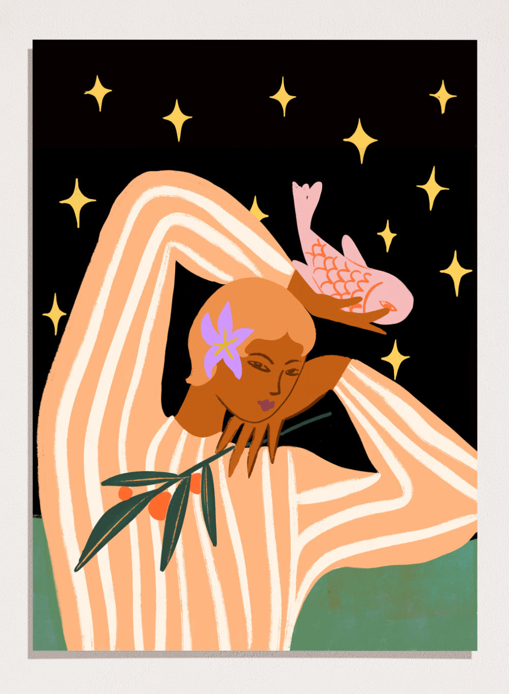 Illustration of a woman with flowers in her hair against a starry night sky. Balance by Arty Guava is a modern surreal woman art print with stars, stripes, and a pink fish. Officially licensed contemporary wall poster.
