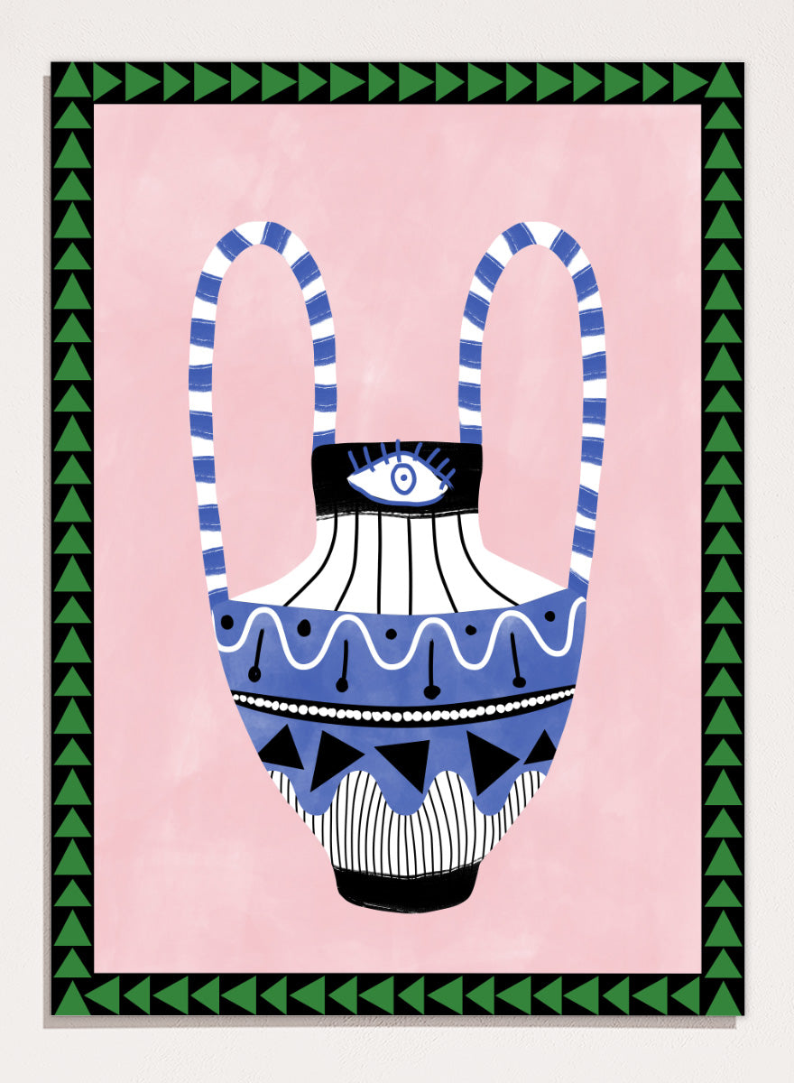 Shop Folk Art Eye Vase by Elena Ristova, a colorful folk-inspired wall art print poster featuring an eye motif, patterned vase, pink background, and green border.