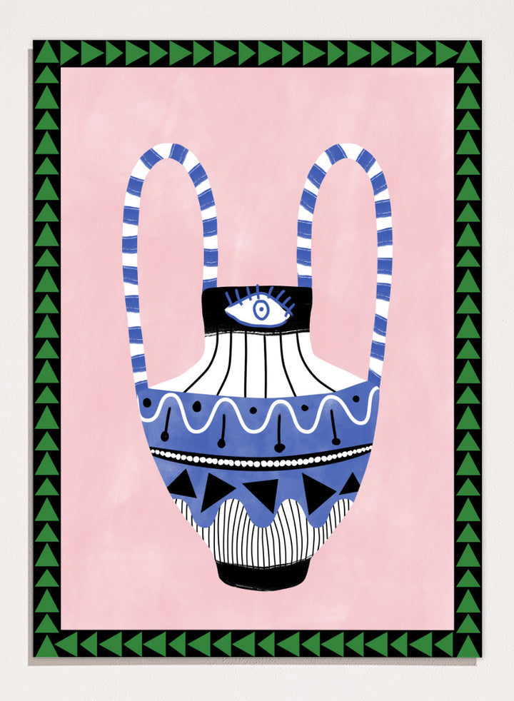 Shop Folk Art Eye Vase by Elena Ristova, a colorful folk-inspired wall art print poster featuring an eye motif, patterned vase, pink background, and green border.