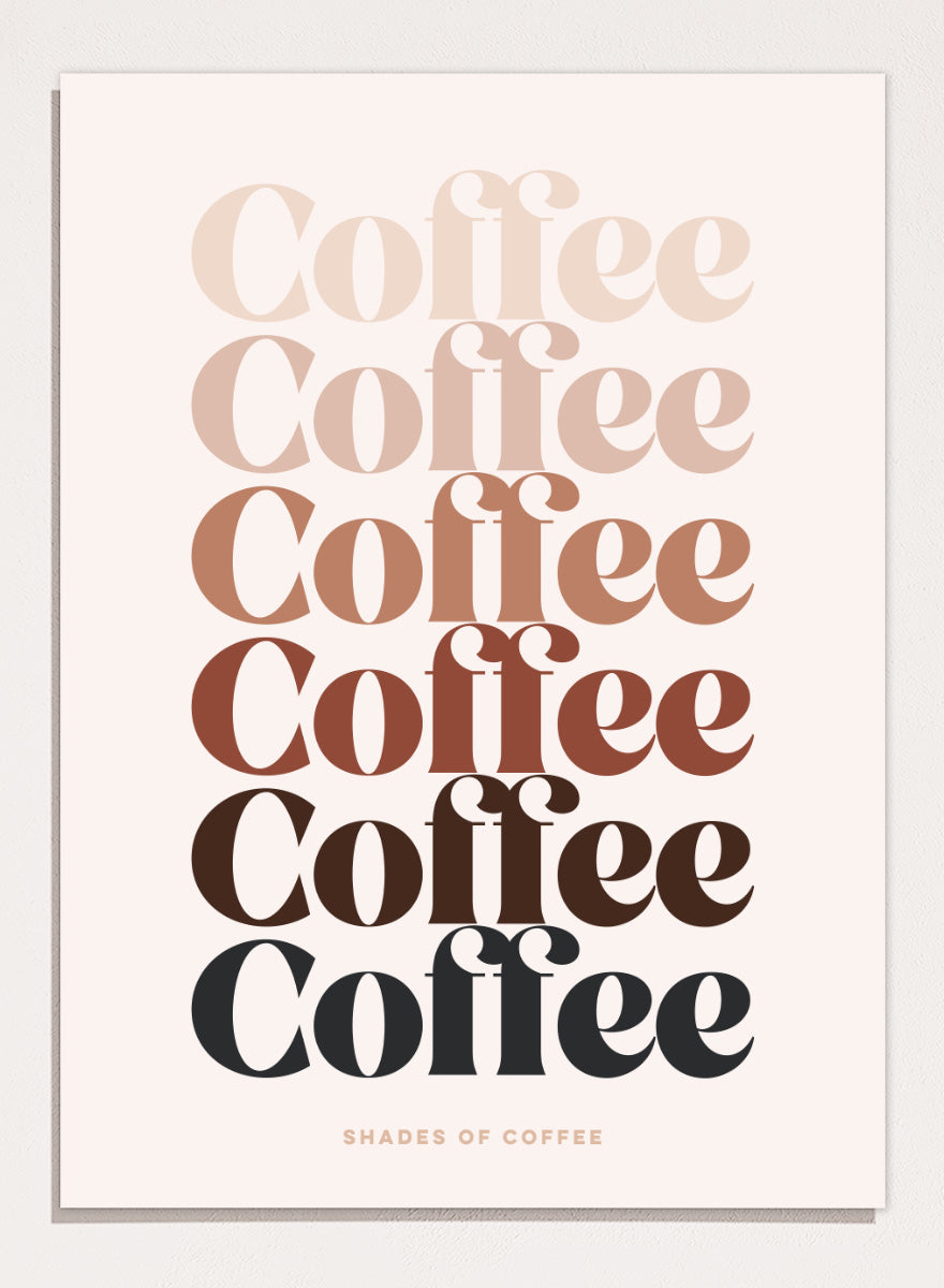 Shop Coffee Color Palette by Dominique Vari, a retro typography wall art print poster featuring layered coffee lettering in cream, beige, caramel, brown, and black.