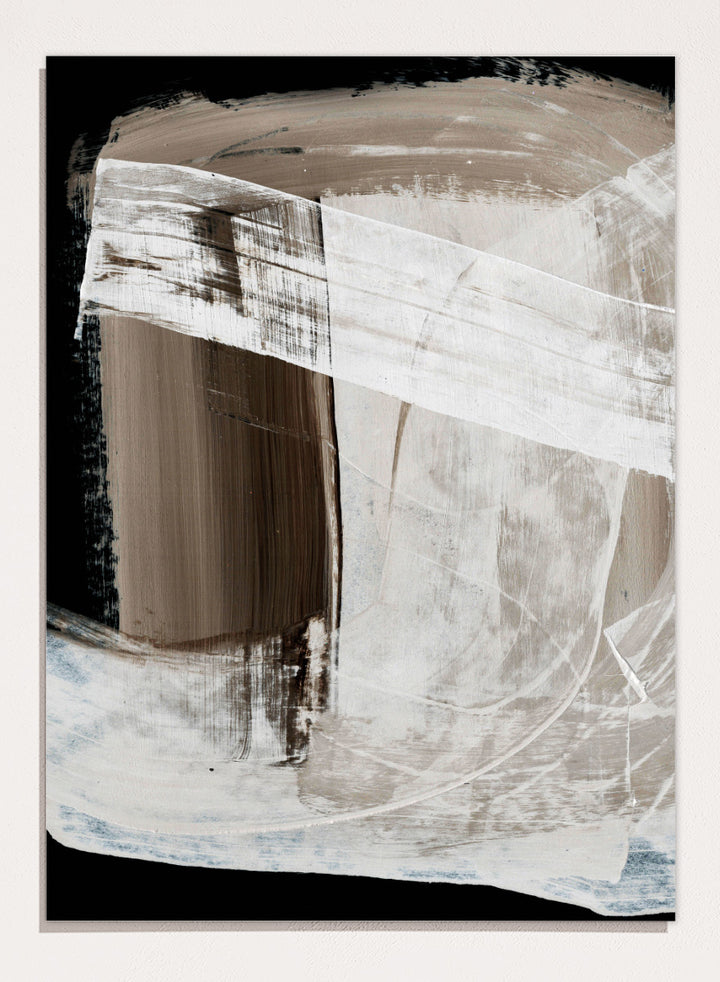 Shop Mind No.01 by Dan Hobday, an abstract wall art print poster featuring layered white brushwork, warm brown forms, and bold black contrast.
