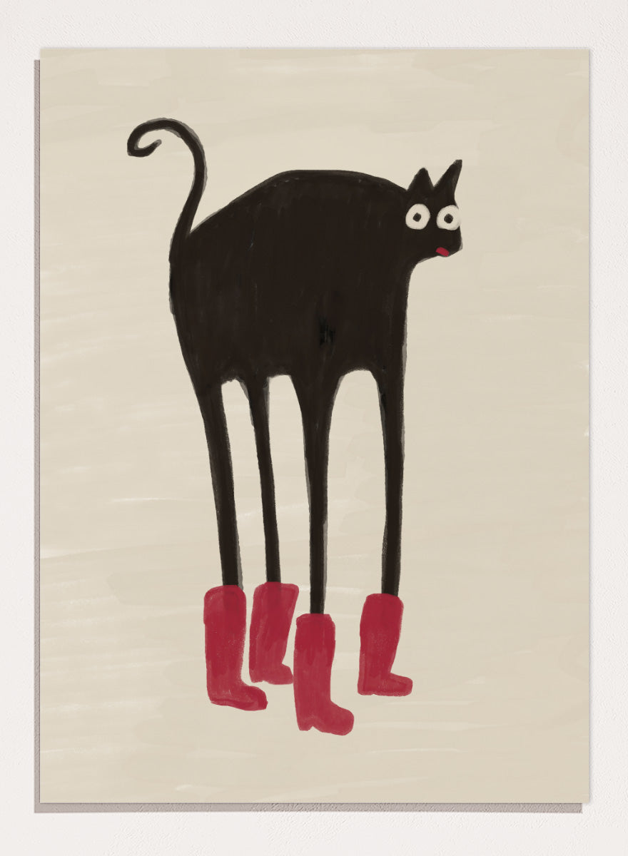 A stylized black cat with long legs wearing bright pink boots, centered on a warm beige background. Funny Black Cat Boots by The Art Concept playful cat art print featuring a long-legged black cat in red boots with a quirky hand-drawn look.