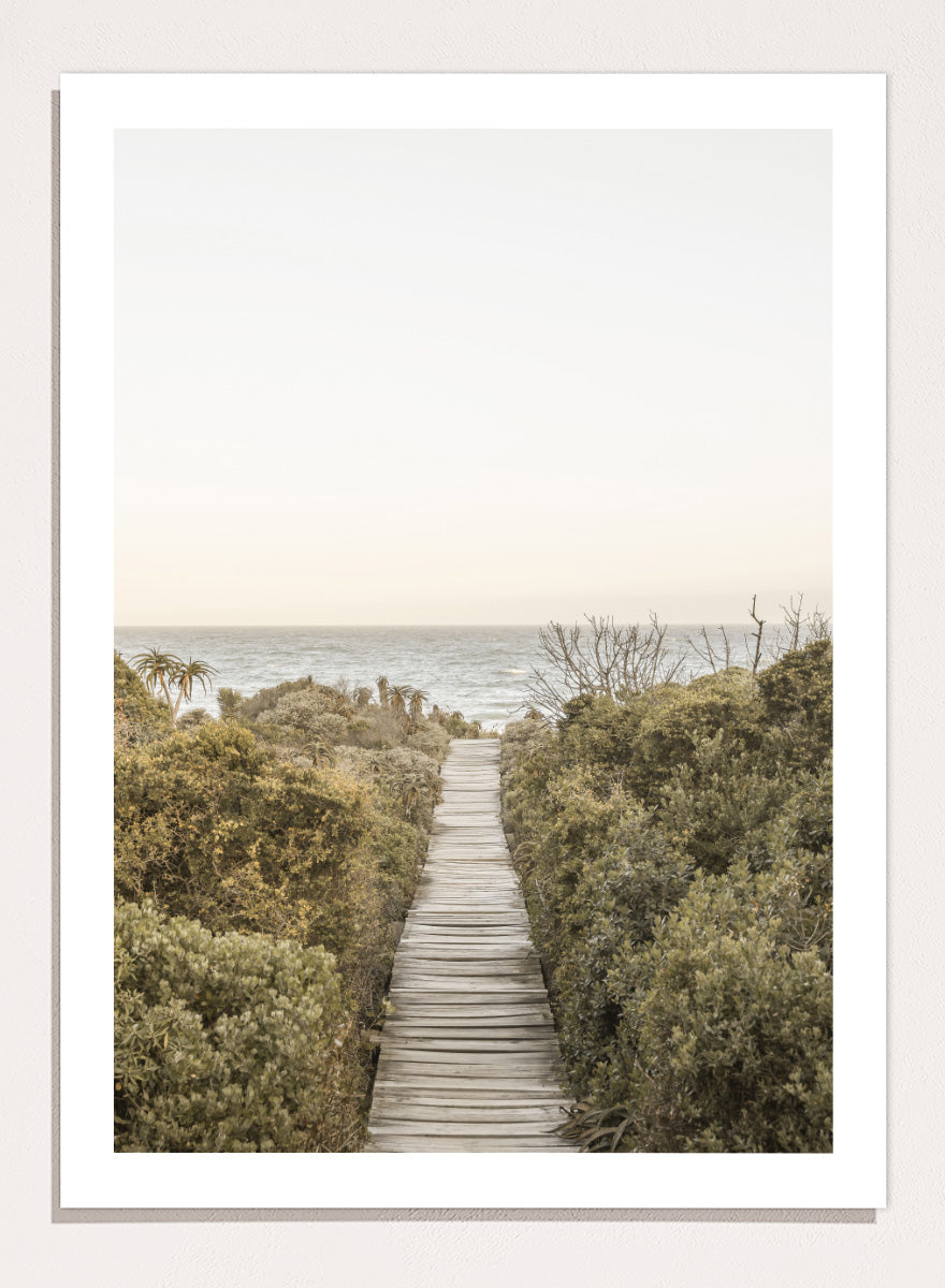 A framed photographic art print depicting a wooden boardwalk leading from dense green beach vegetation to the ocean under a pale sky. Pathway to Tranquility by Shot by Clint coastal art print featuring a wooden boardwalk, wild greenery, distant palms, and a soft ocean horizon.