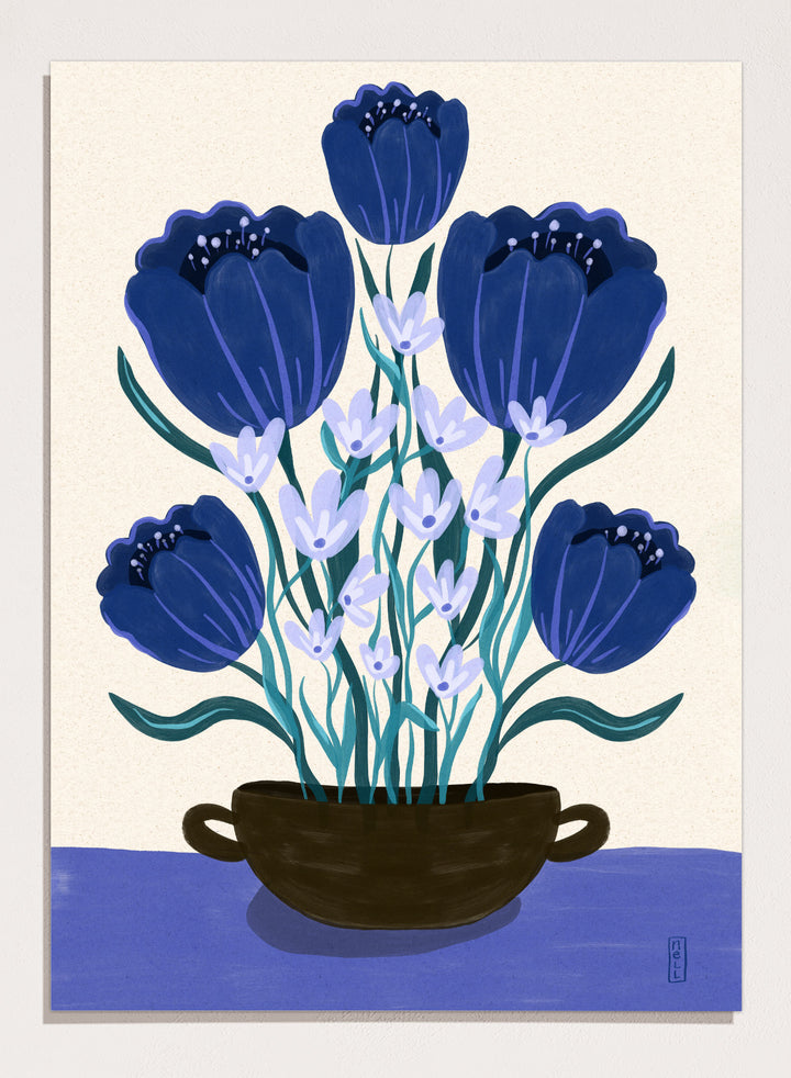 Artistic depiction of blue flowers in a black pot on a beige background. Blue Floral Arrangement by Dirkie Nell is a botanical floral art print featuring deep blue flowers, folk inspired illustration, modern wall art, and expressive hand painted details.