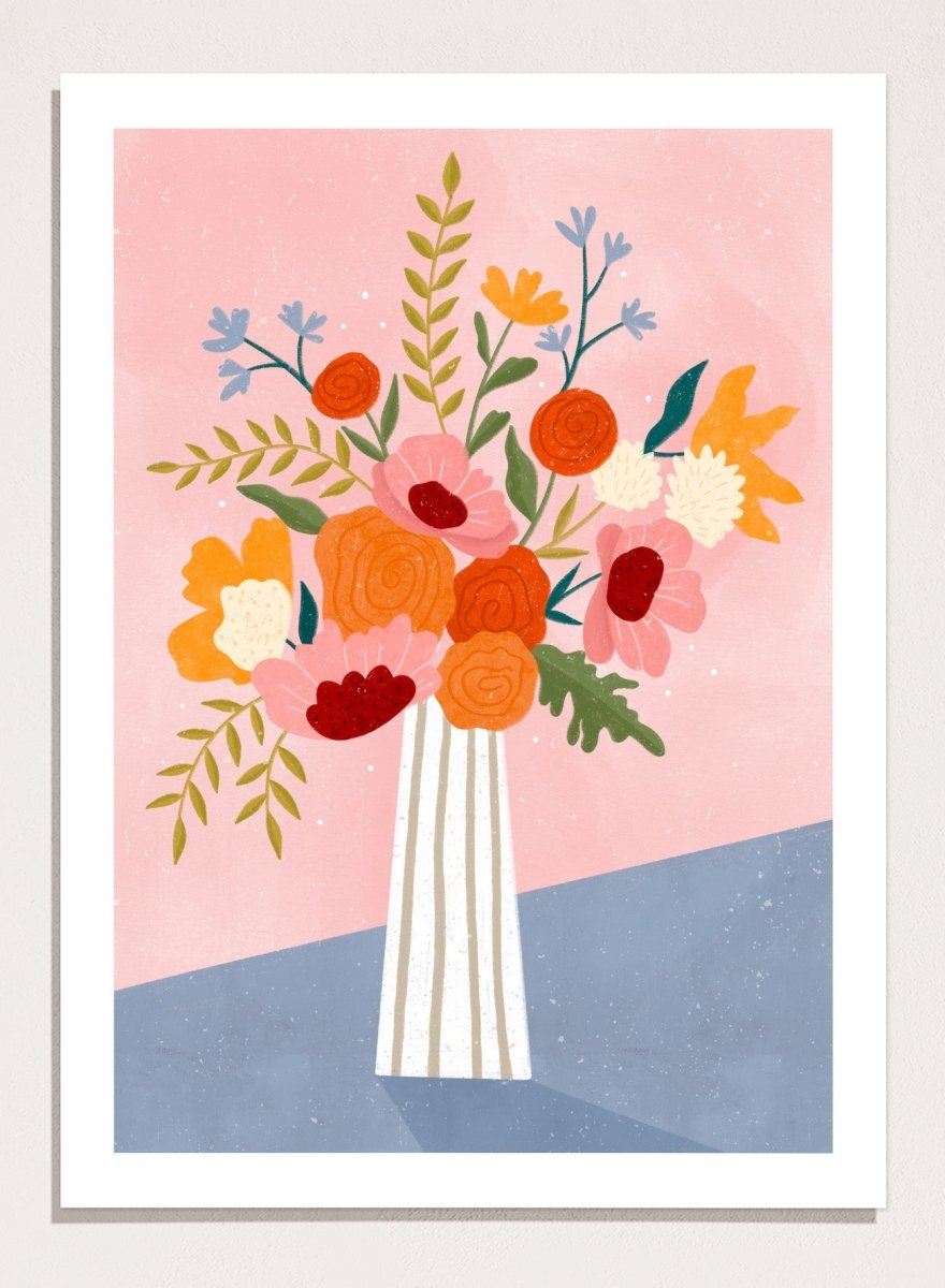 A framed art print featuring a colorful, stylized illustration of a flower bouquet in a striped vase against a pink and blue background. Modern Floral Arrangement by Bea Müller premium framed fine art print featuring a colorful bouquet in a striped vase on a soft pink background.
