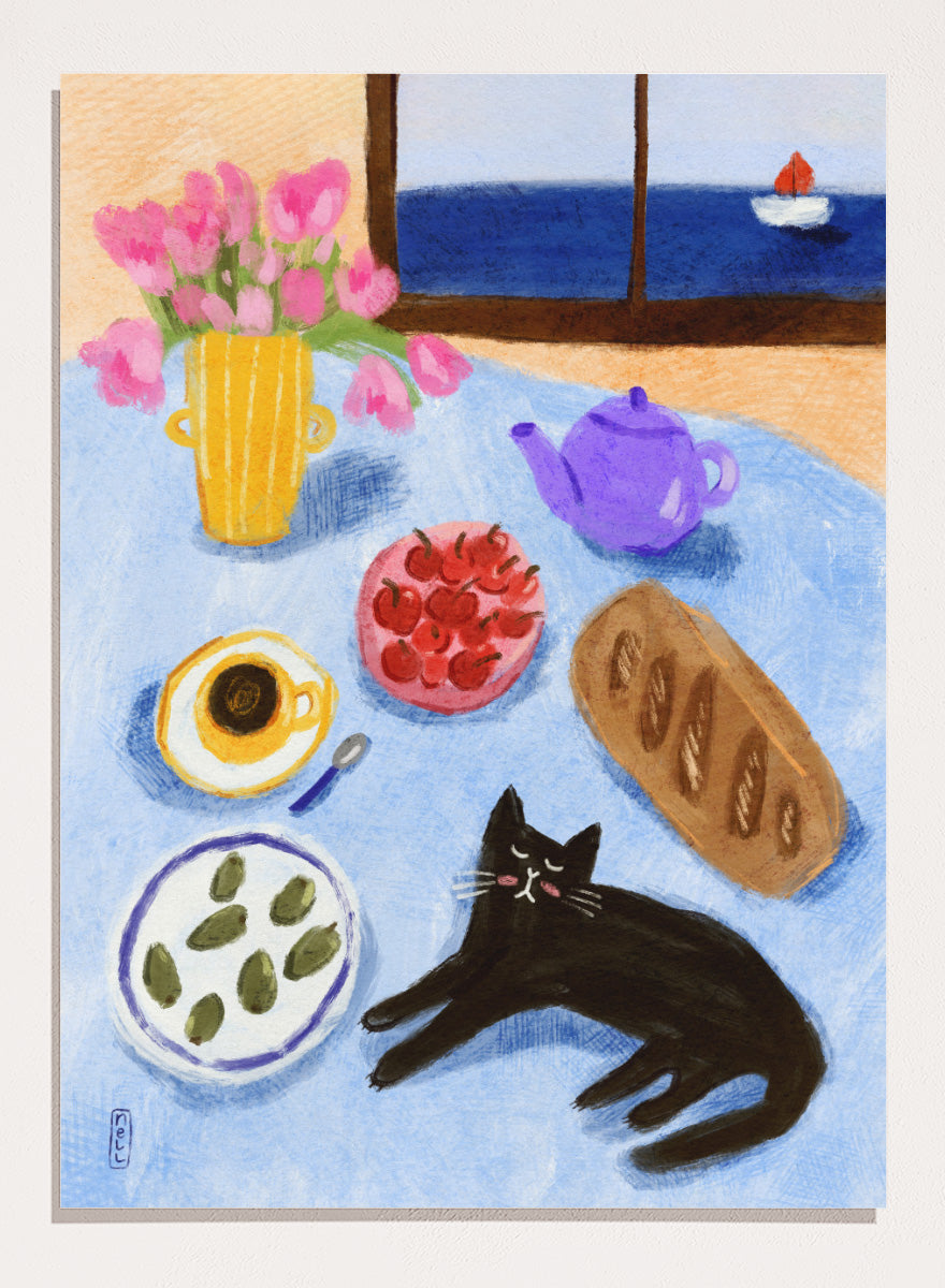 A colorful still life painting of a table scene with pink tulips in a yellow vase, a purple teapot, a bowl of strawberries, a cup of coffee, a loaf of bread, a black cat, and a window view of the sea with a small sailboat. Shop Relaxing Seaside Cat Breakfast by Dirkie Nell, a playful cat and food art print featuring breakfast, flowers, a sailboat, and a seaside view.