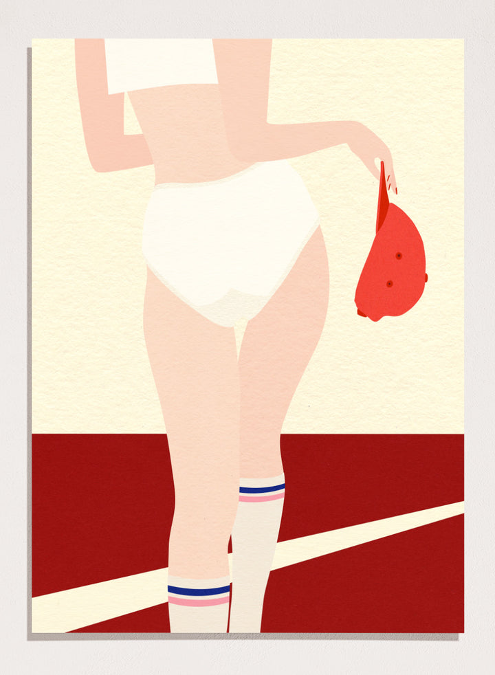 Illustration of a person in a white panty with a red cap on a beige and red background. Panties Socks Cap by Rosi Feist is a modern fashion art print with sporty minimalism, bold color blocking, and contemporary graphic poster style.