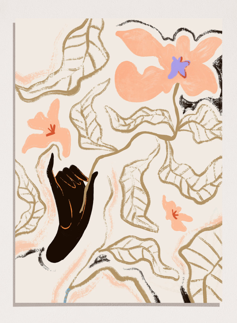 Abstract artwork with a black hand reaching towards flowers on a light background. Fleur by Arty Guava is a modern floral art print with soft abstract flowers and hand-drawn linework. Officially licensed wall poster with framing.