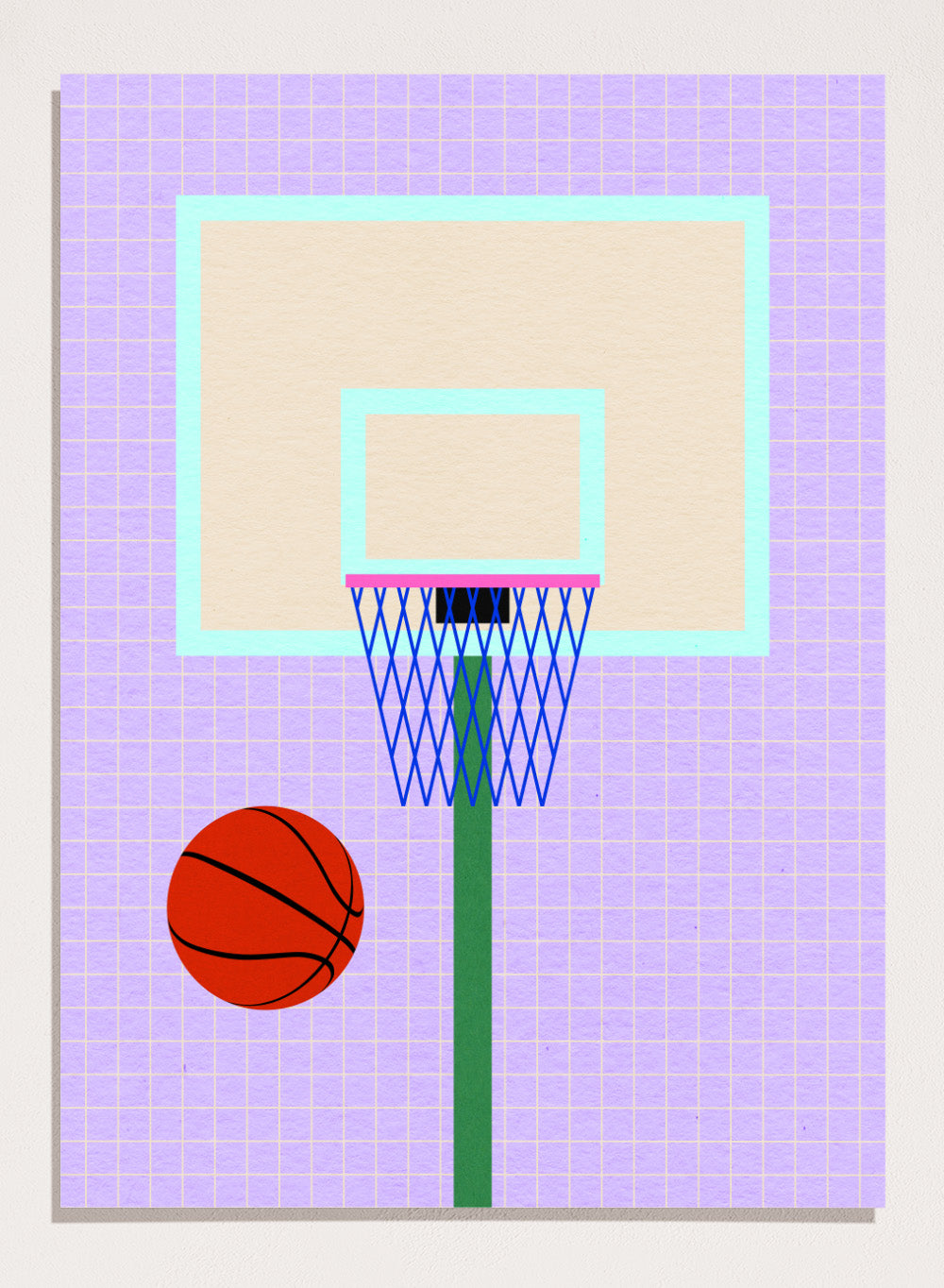 Basketball and hoop on a grid background. New York Basketball by Rosi Feist is a modern minimalist sports art print with bold graphic color and Bauhaus-inspired design. Officially licensed fine art poster with framing.