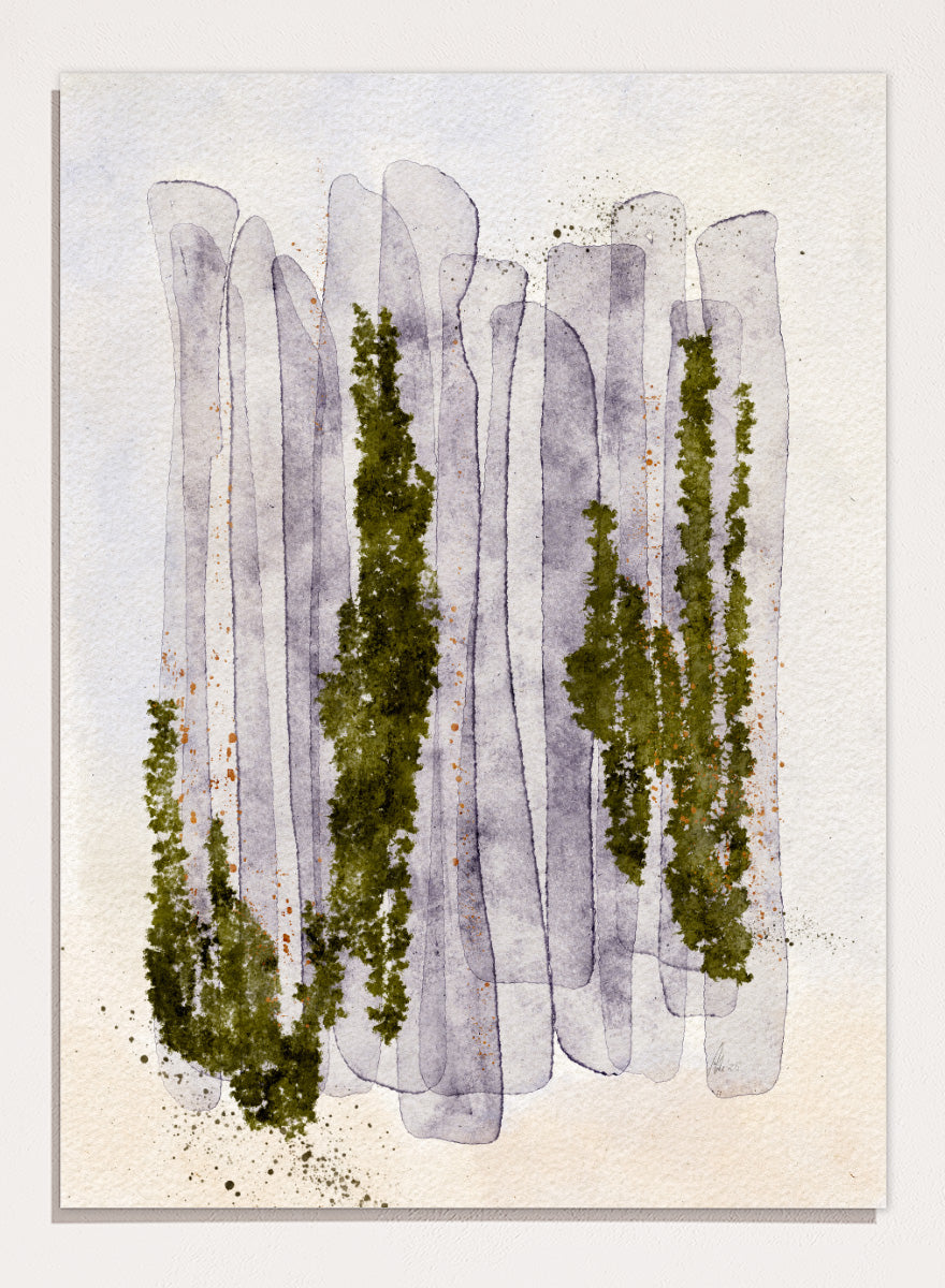 Shop Mossy Forest Abstract by Ankie Kooi, an abstract forest wall art print poster with watercolor trees, woodland art, green, purple, and cream.