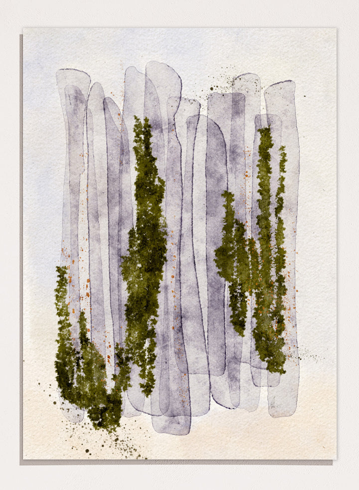 Shop Mossy Forest Abstract by Ankie Kooi, an abstract forest wall art print poster with watercolor trees, woodland art, green, purple, and cream.