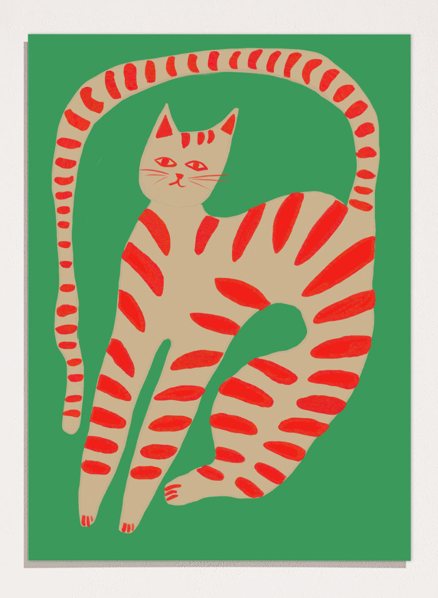 A stylized art print of a cat curled up in a circle, featuring a beige body with red stripes on a solid green background. Striped Cat Stretching by The Art Concept art print featuring a playful striped cat, green background, and bold red accents.