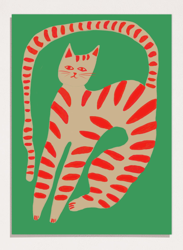 A stylized art print of a cat curled up in a circle, featuring a beige body with red stripes on a solid green background. Striped Cat Stretching by The Art Concept art print featuring a playful striped cat, green background, and bold red accents.