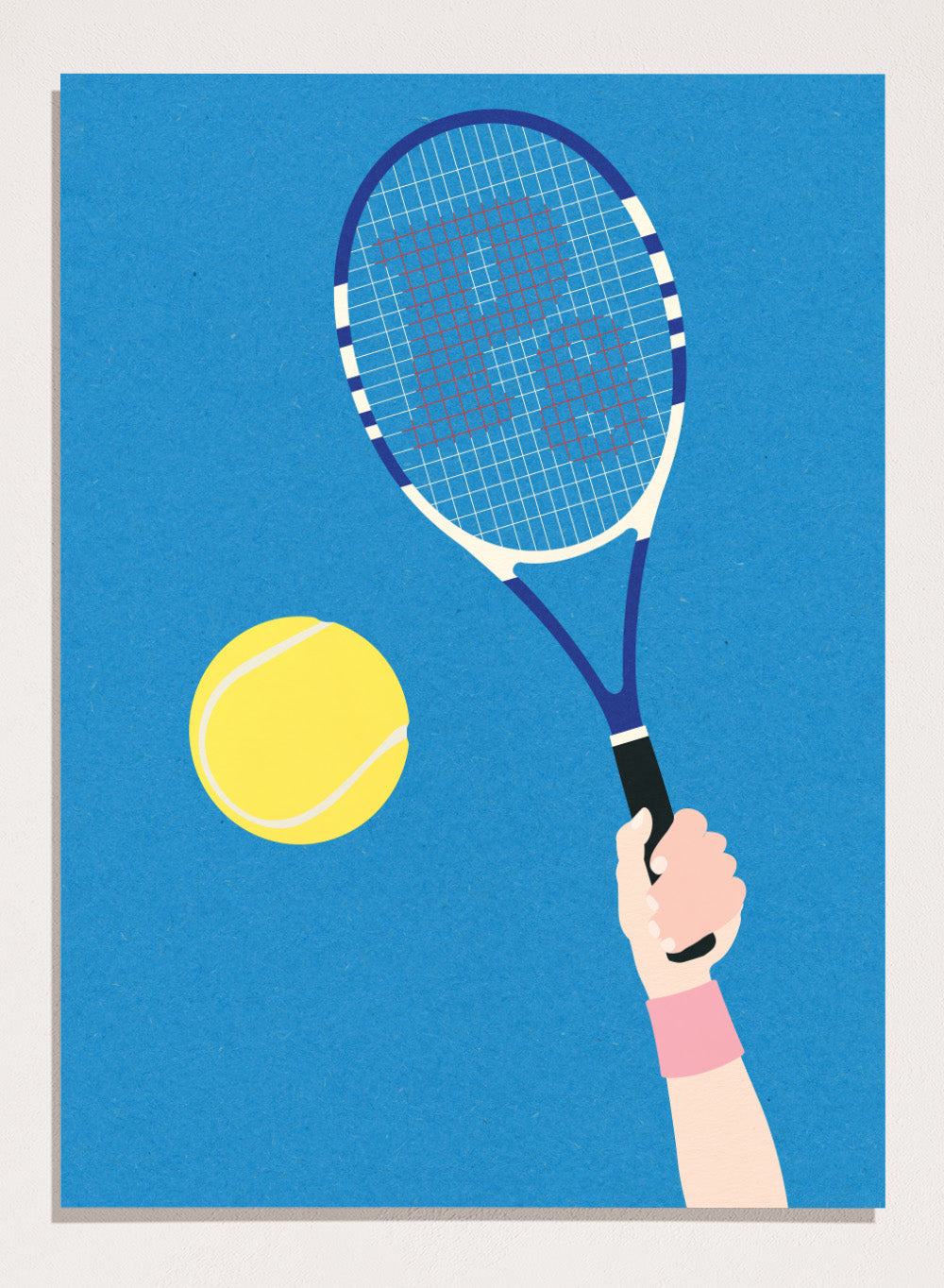 Tennis racket and ball on a blue background. Perfect Serve by Rosi Feist is a modern minimalist tennis art print featuring bold graphic color, clean lines, and Bauhaus-inspired design. Officially licensed fine art poster with framing.