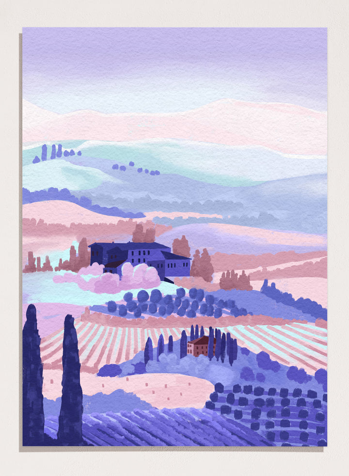 Painting of a landscape with rolling hills, buildings, and cypress trees in pastel colors. Tuscany by Goed Blauw is a landscape art print and wall poster featuring rolling hills, fields, and countryside homes in soft pastel tones.