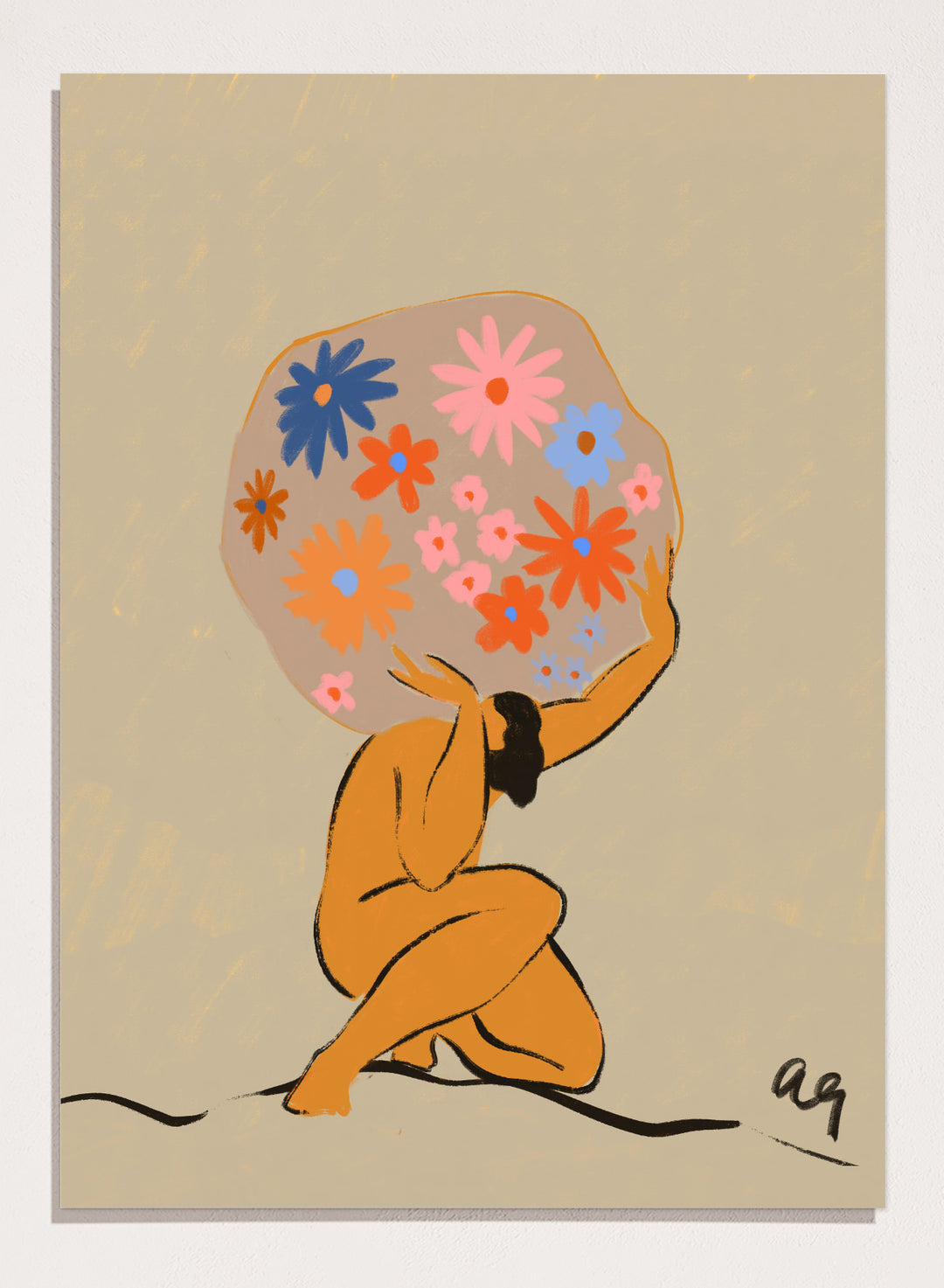 Surreal artwork of a figure holding a globe filled with colorful flowers on a beige background. World On Her Shoulders by Arty Guava is a colorful contemporary art print featuring a floral globe, expressive female figure, empowerment, and modern illustration.