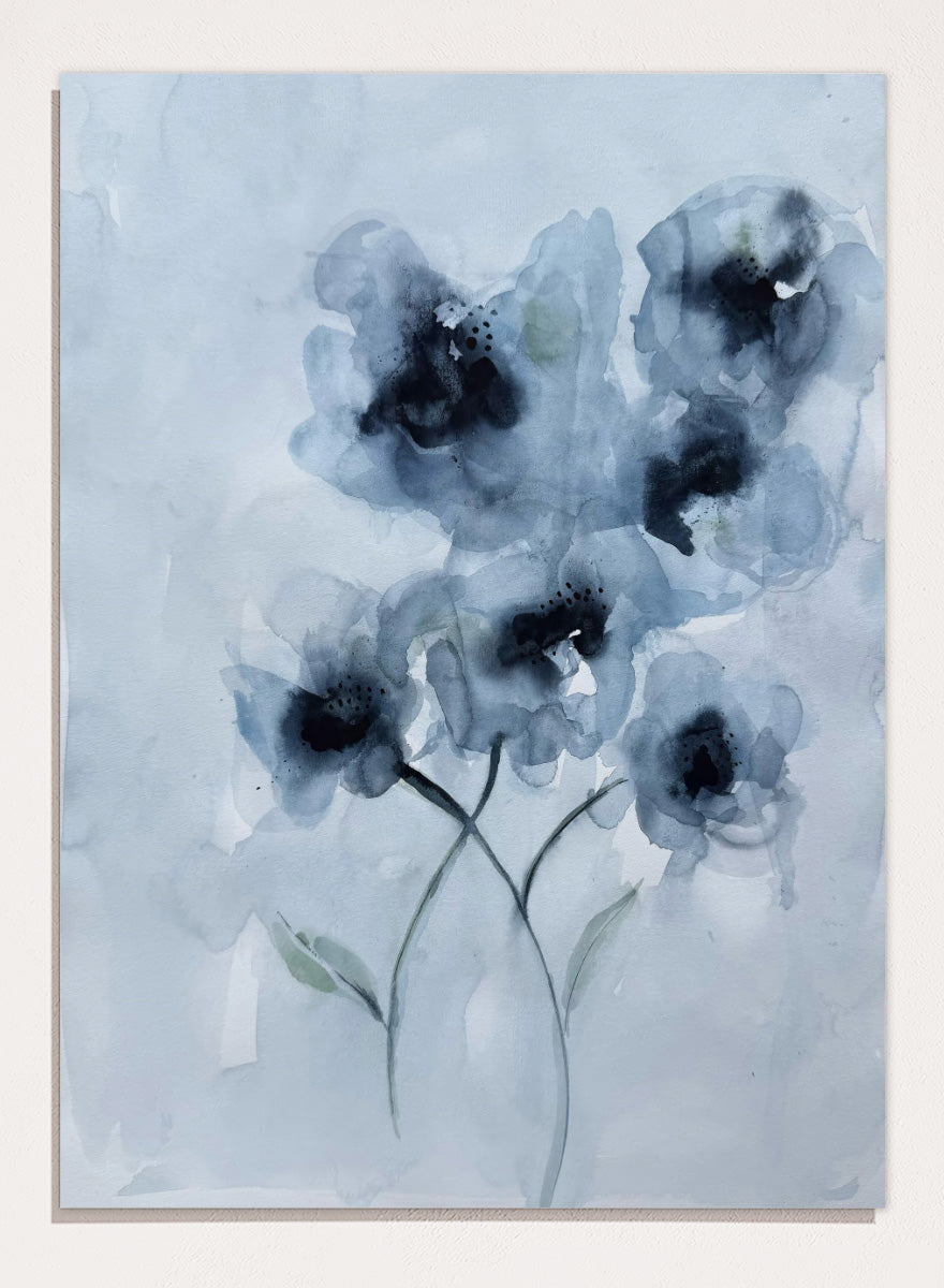 Shop Soft Blue Blooms by Helena Ryhle, a botanical watercolor wall art print poster featuring expressive blue flowers and soft contemporary floral detail.
