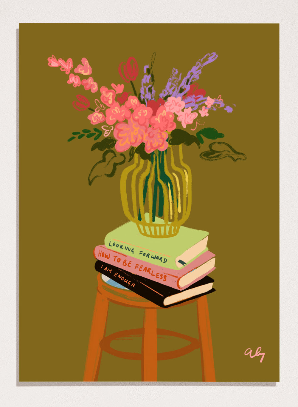 Vase with flowers on a stack of books on a stool against a green background. Floral Vase by Arty Guava is a modern flower still life art print with a striped vase and book stack. Officially licensed wall poster.