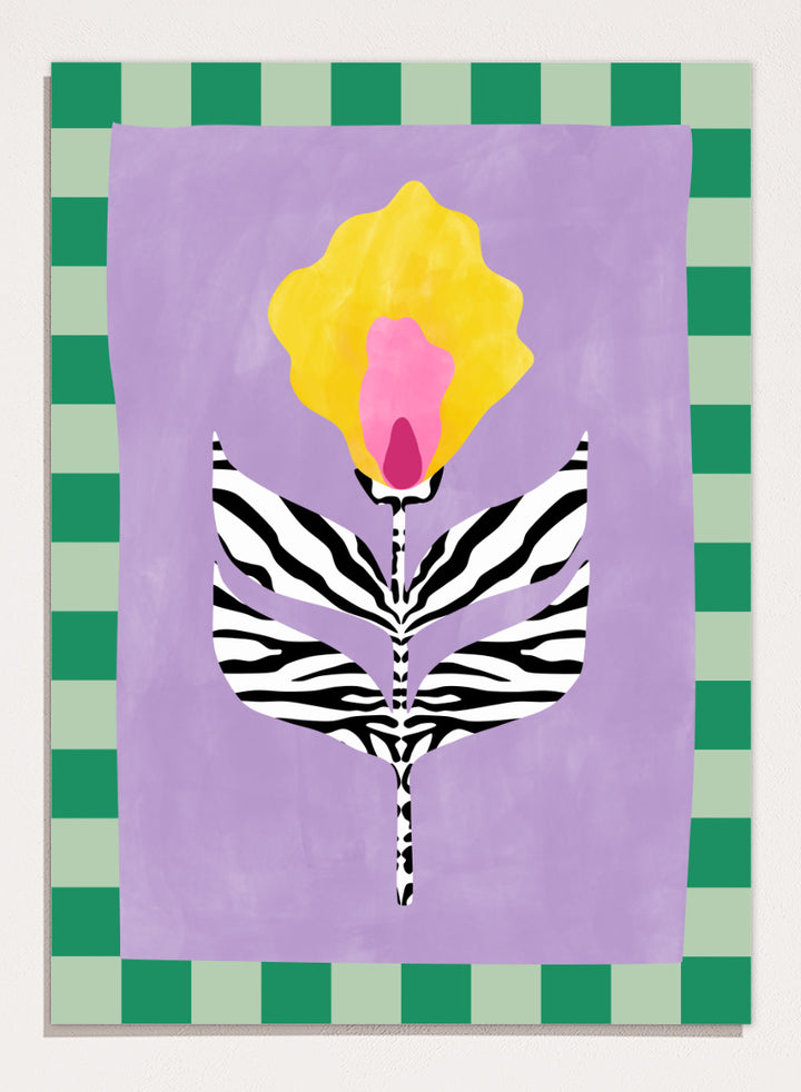 Shop Modern Zebra Flower by Elena Ristova, a colorful floral wall art print poster featuring zebra-striped leaves, a yellow-pink bloom, lavender, and green checks.