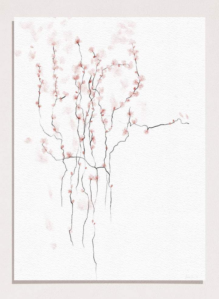Art print of cherry blossom branches with pink flowers on a white background. Blooming Spring by Ankie Kooi art print featuring delicate pink blossoms, thin branches, watercolor florals, minimalist botanical illustration, soft nature wall poster.