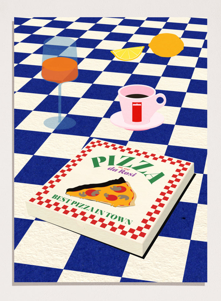 Pizza box with 'Pizza da Ross' branding on a blue and white checkered background. The Italian Menu by Rosi Feist is a modern kitchen wall art print featuring pizza and espresso in a bold minimalist food poster style.