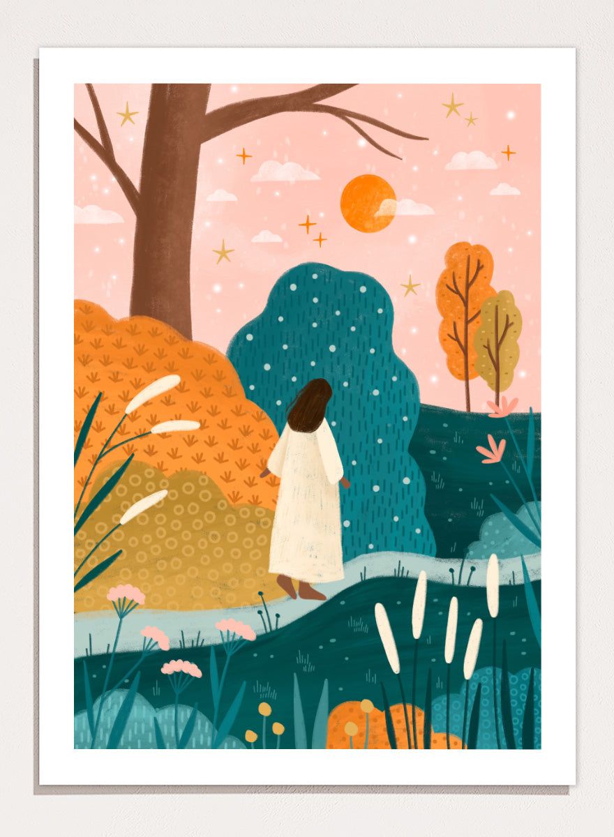 Shop Dreamy Path Exploration by Bea Müller, a figurative autumn landscape wall art print poster featuring a woman on a colorful garden path in blue and orange tones.