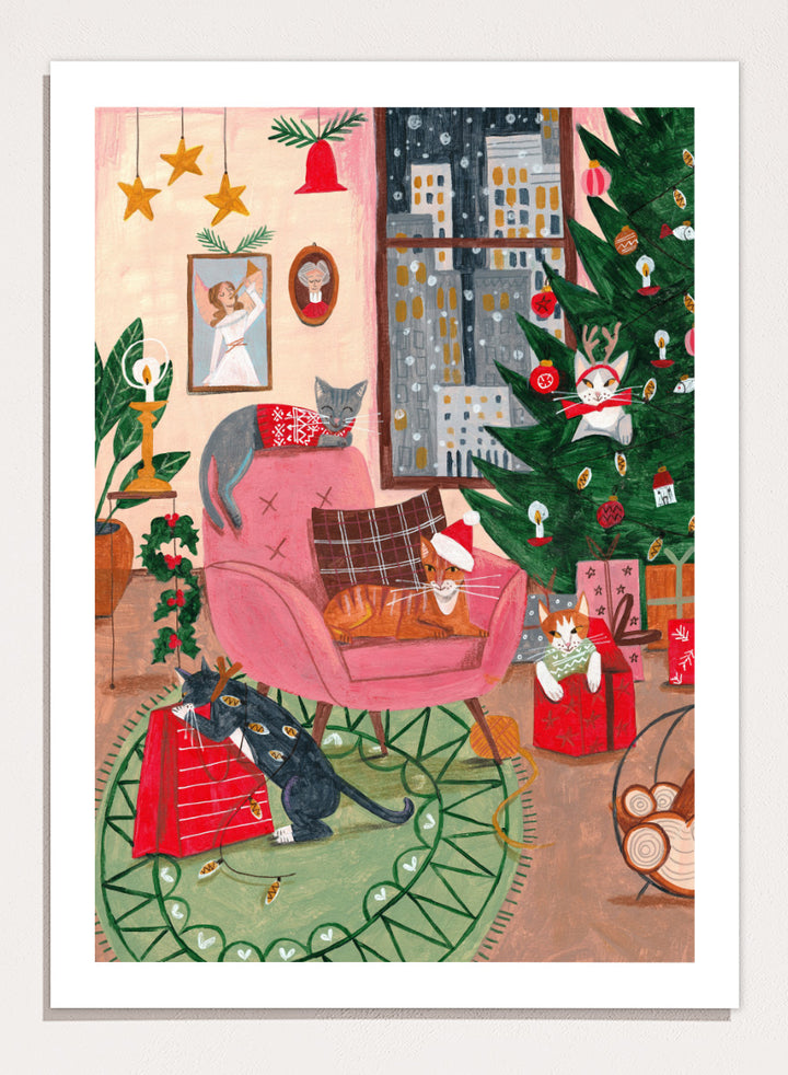 Shop Cats Home for Christmas by Caroline Bonne Müller, a festive cat wall art print poster featuring cats, a Christmas tree, presents, and a colorful holiday interior.