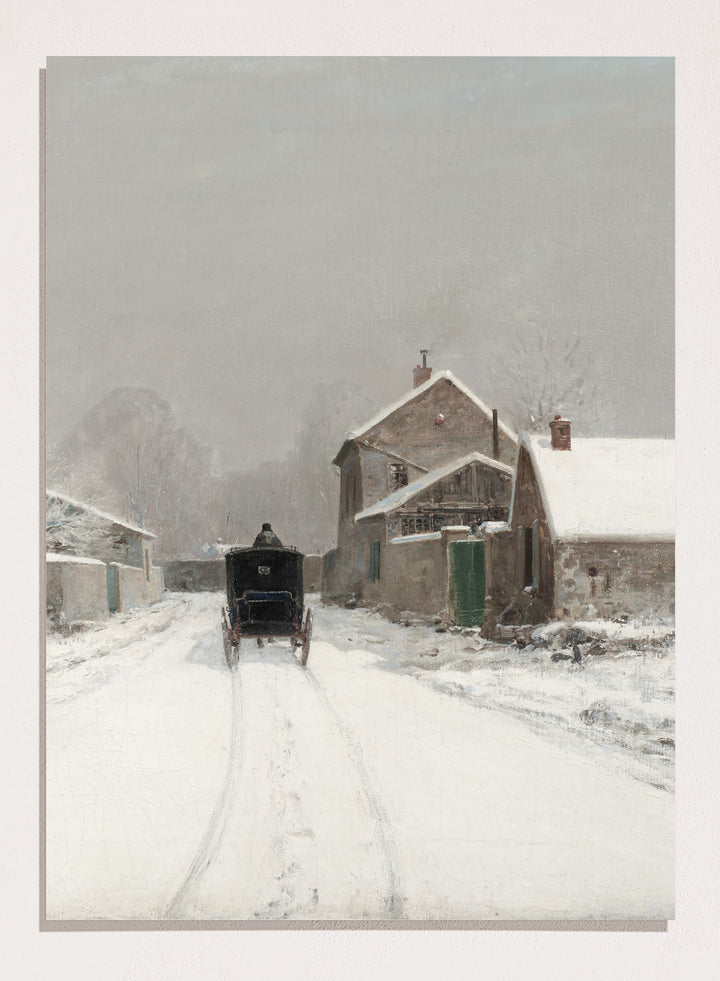Featuring Luigi Loir's original vintage artwork "L'Avenue de Neuilly on a Winter Day", this vintage rustic Snow Village Town Winter Landscape wall art print poster showcases a classic rustic antique style that is perfect for any boho or modern farmhouse inspired space with muted or neutral colors. 