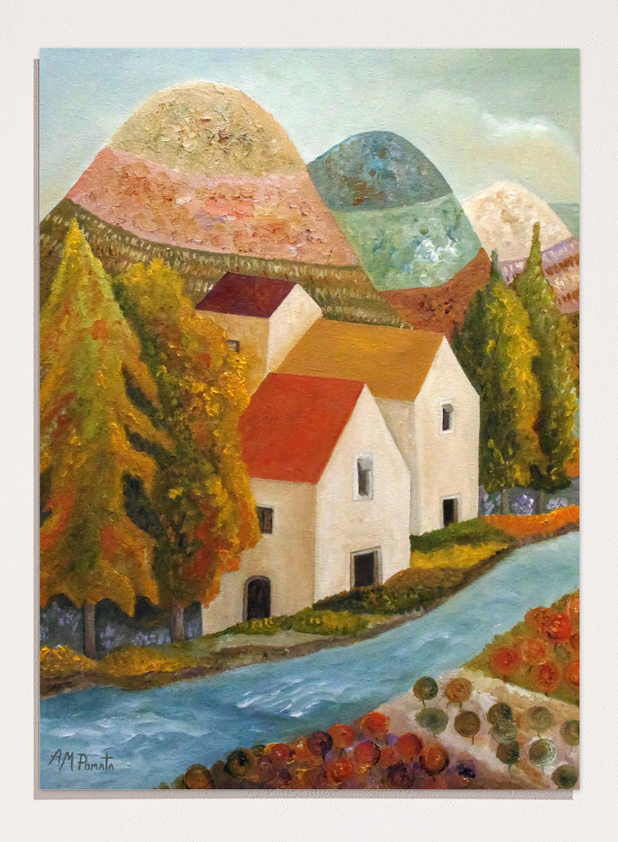 Shop Autumn Village River by Angeles M. Pomata, an autumn landscape art print featuring a blue river, white village houses, colorful trees, and rolling hills.