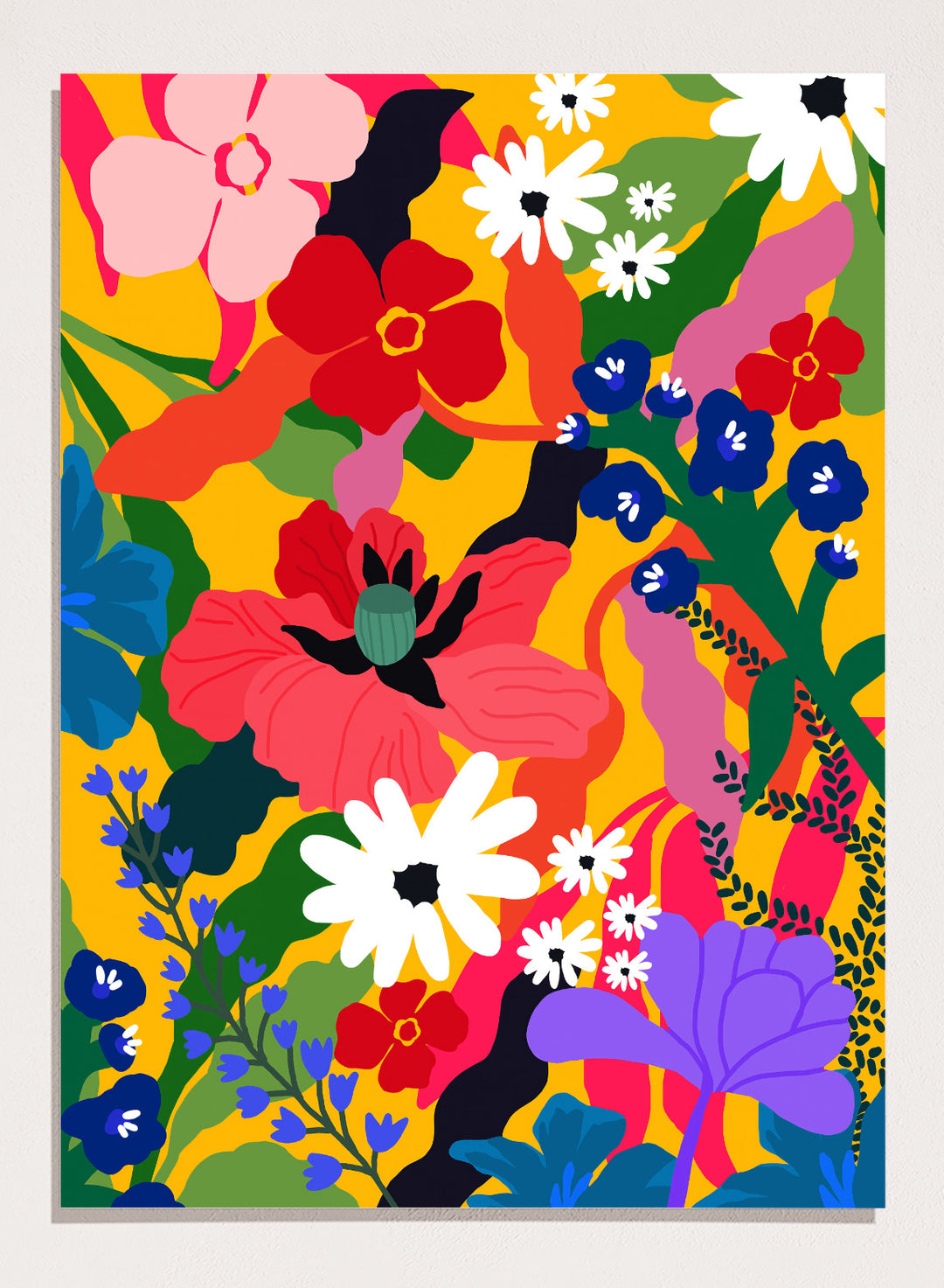 Colorful floral pattern with various flowers on a yellow background. Wildflower Tangle by Rafaela Mascaro botanical art print featuring bold colorful flowers, layered wildflower pattern, and vibrant contemporary floral wall art poster.