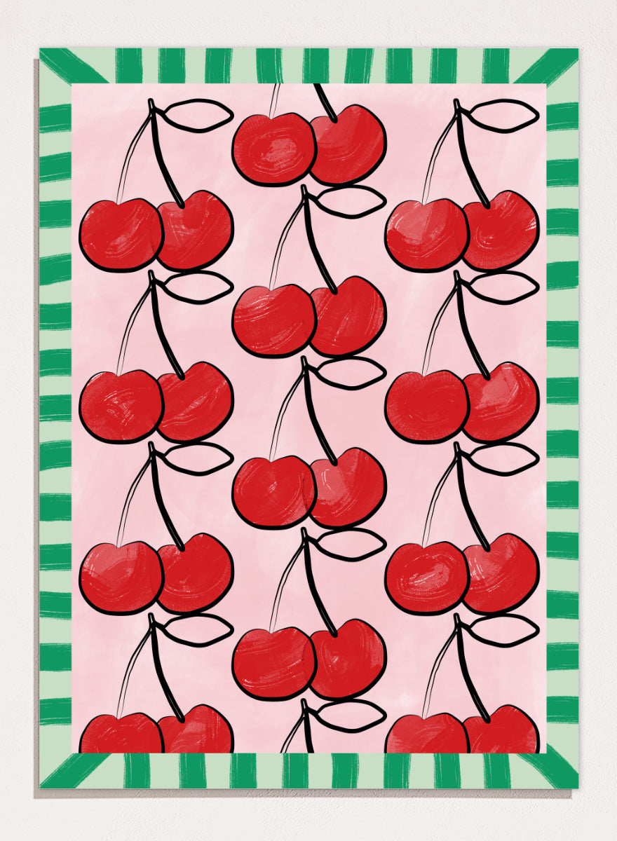 Shop Sweet Cherry Pattern by Elena Ristova, a cherry wall art print poster in red, pink, and green with a playful patterned fruit design.