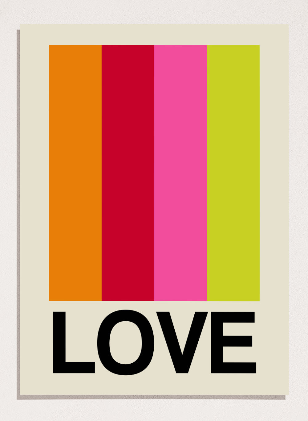 Colorful striped poster with the word 'LOVE' on a beige background. Retro Stripe LOVE Fruit by Frances Collett features colorful vertical stripes and bold LOVE typography. Officially licensed modern graphic art print with optional framing.