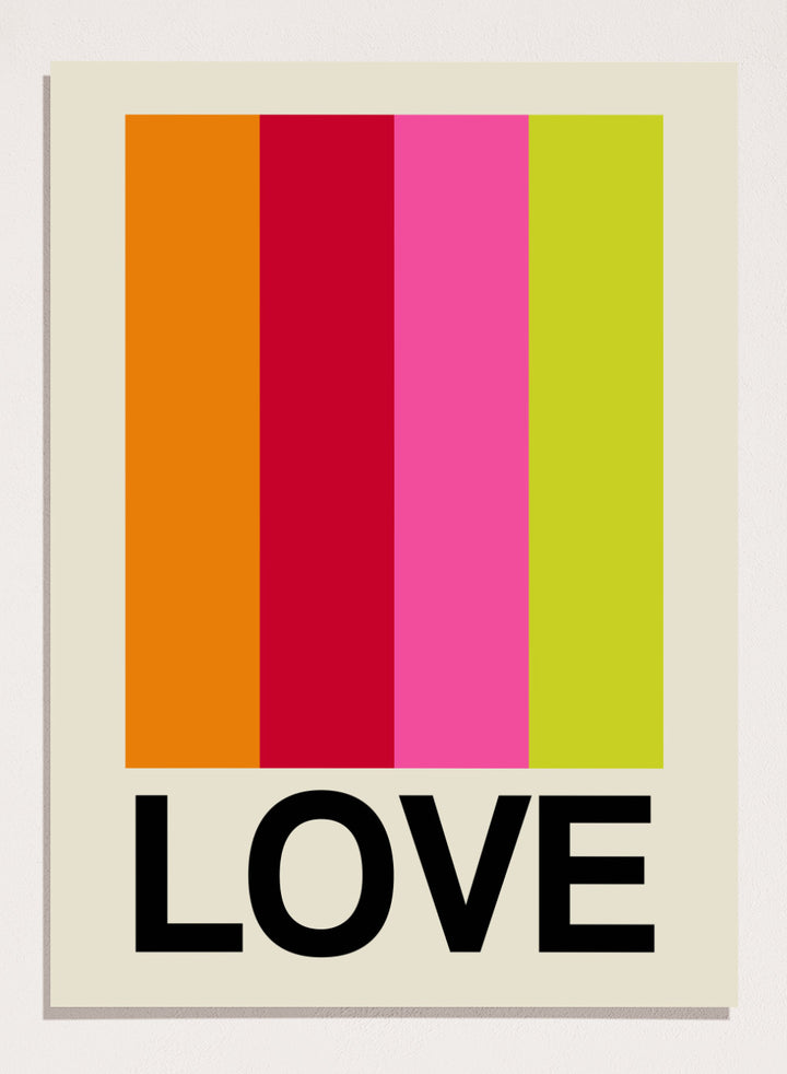 Colorful striped poster with the word 'LOVE' on a beige background. Retro Stripe LOVE Fruit by Frances Collett features colorful vertical stripes and bold LOVE typography. Officially licensed modern graphic art print with optional framing.