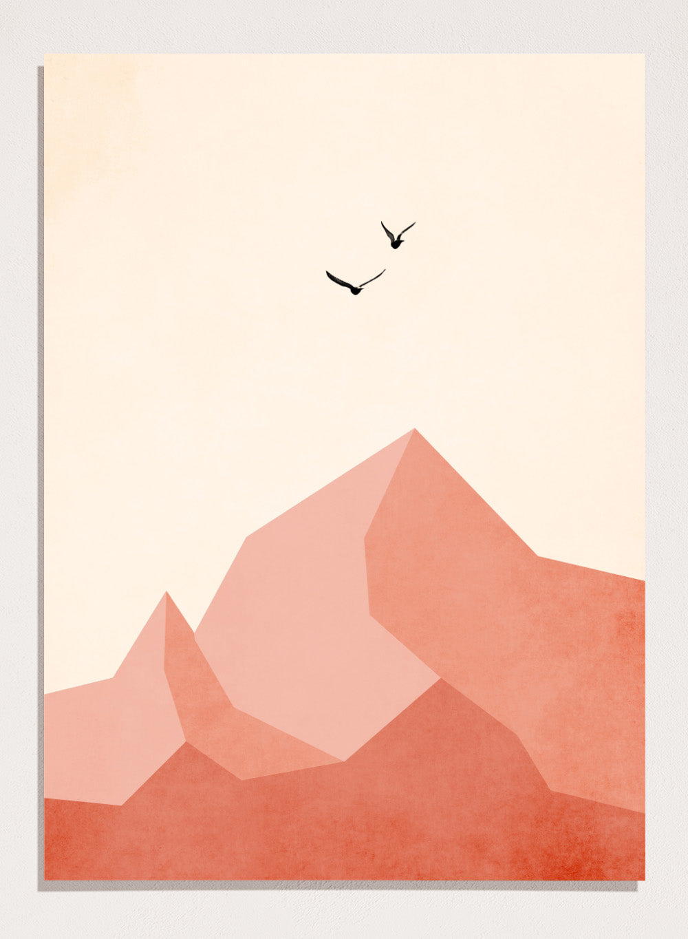 Abstract art print with geometric shapes and minimalistic birds on a beige background. Geometric mountain landscape art print with birds in flight by Kubistika. Warm terracotta illustration with minimalist design. Officially licensed wall poster.