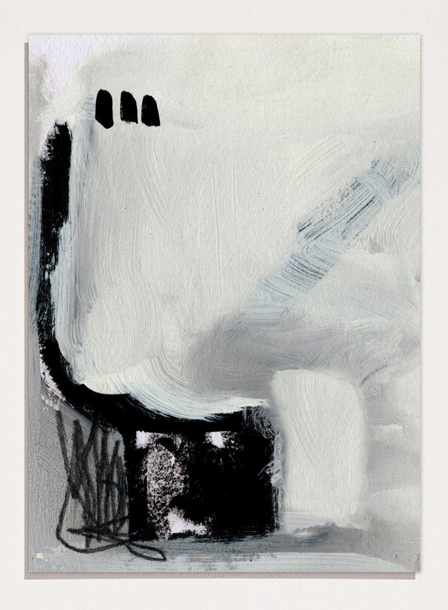 Shop Beyond No.02 by Dan Hobday, a minimalist abstract wall art print poster featuring expressive black forms and soft gray brushwork on a white ground.