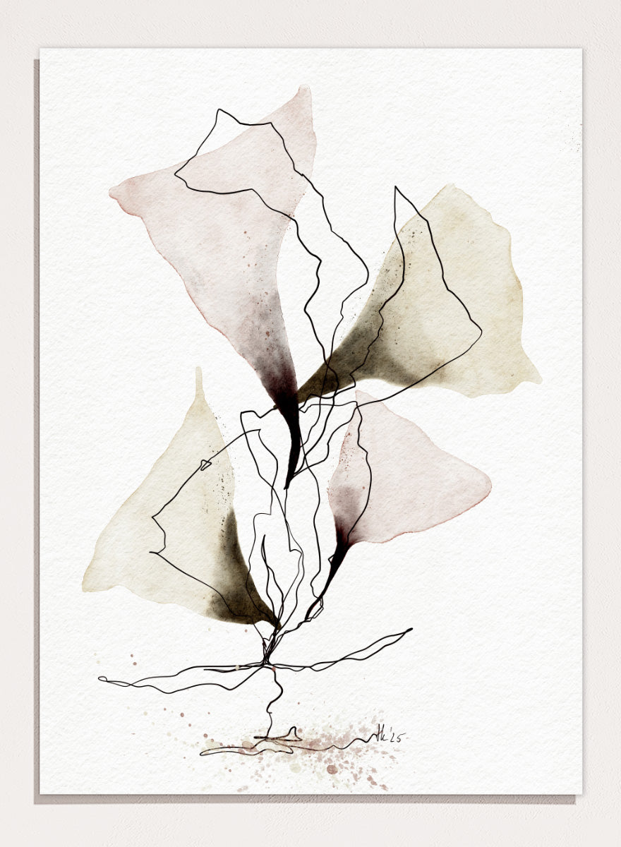 Abstract watercolor and ink botanical art print featuring soft beige, brown, and dusty rose watercolor shapes with fine black line work on textured white paper. Shop Abstract Botanical Flow by Ankie Kooi, a botanical wall art print poster with abstract watercolor leaves, floral line art, pink, green, cream, and black.
