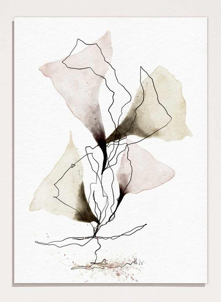 Abstract watercolor and ink botanical art print featuring soft beige, brown, and dusty rose watercolor shapes with fine black line work on textured white paper. Shop Abstract Botanical Flow by Ankie Kooi, a botanical wall art print poster with abstract watercolor leaves, floral line art, pink, green, cream, and black.