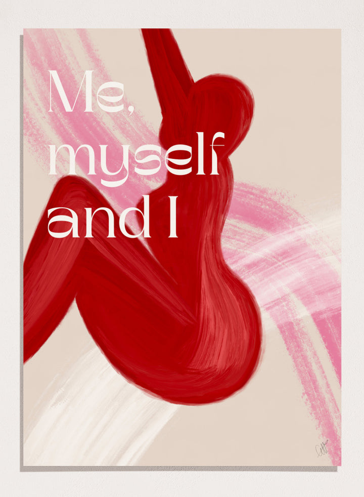 Abstract art with red shapes and 'Me, myself and I' text on a beige background. Red Woman by Anne-Marie Volfova is a modern figurative art print featuring bold red brushstrokes and empowering typography. Contemporary wall poster.