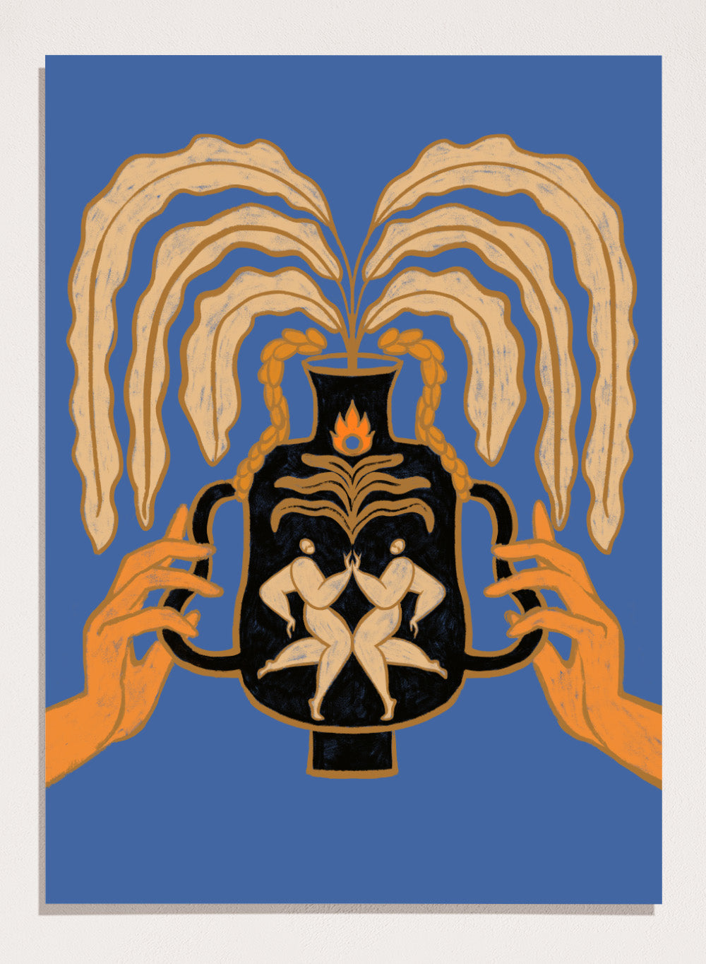 Decorative urn with hands holding it against a blue background. Vessel Collection: Let’s Meet Again by Arty Guava art print, modern vase wall poster with symbolic figures, contemporary blue minimalist illustration.