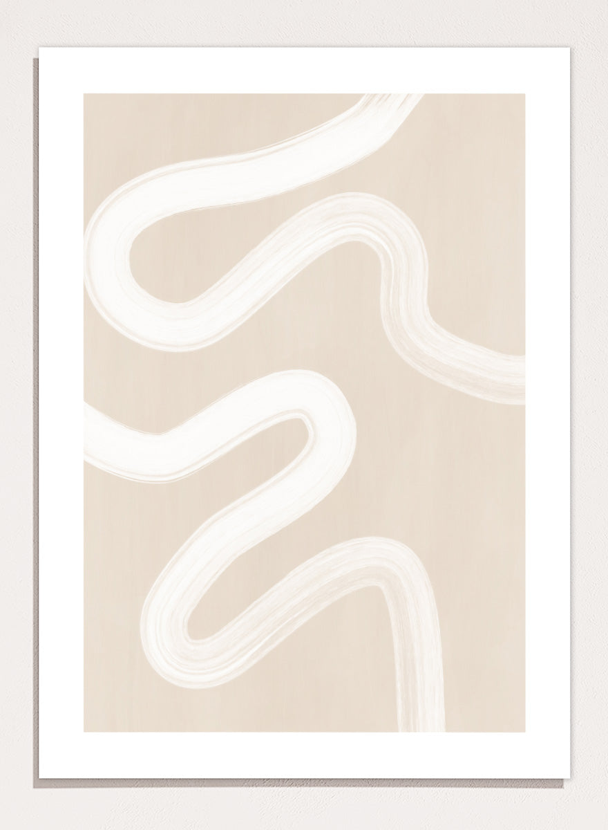 Shop Wavy Abstract Lines by Elena Ristova, a neutral abstract wall art print poster with flowing white brushstrokes on a beige background.
