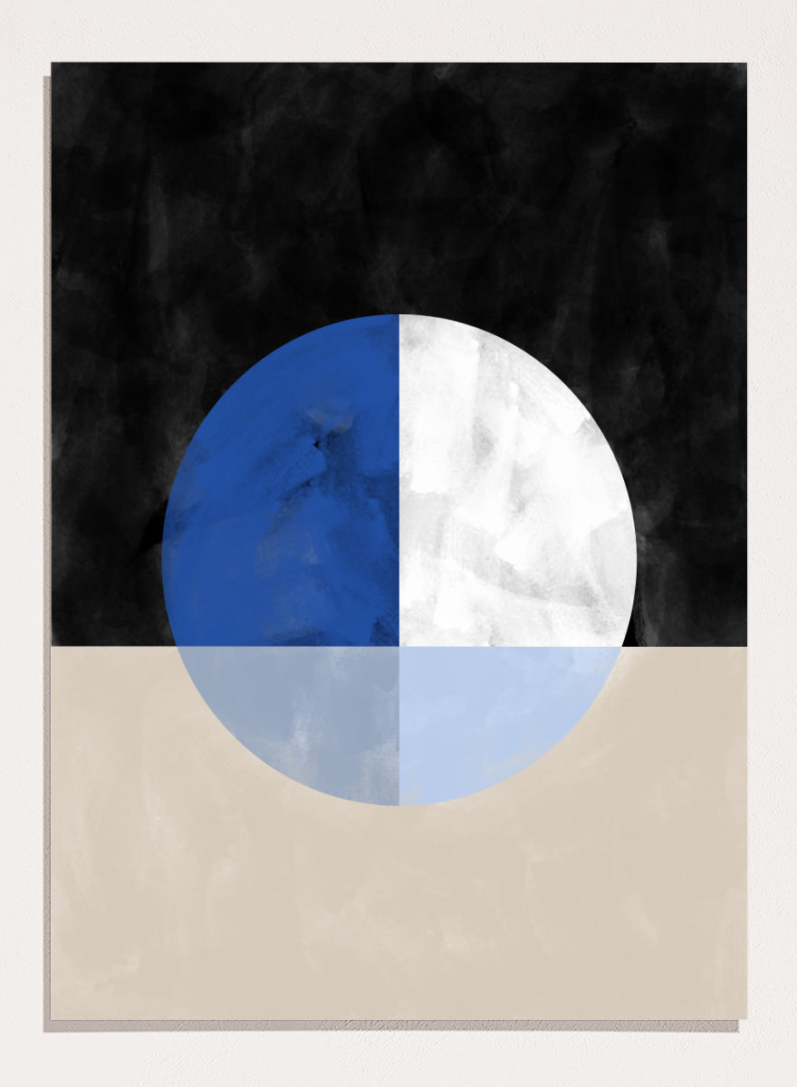 Shop Abstract Geometric Reflection by Elena Ristova, a modern abstract wall art print poster featuring a blue-and-white circle, mirrored forms, and bold black and cream.