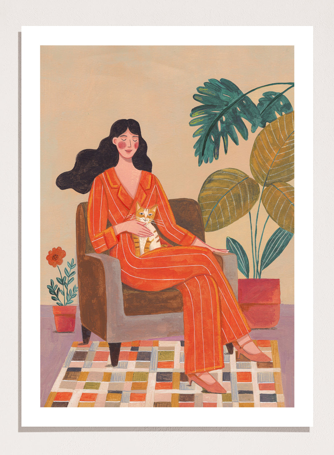 Illustration of a woman in an orange outfit sitting in a chair with plants around her. Cozy Home with Cat by Caroline Bonne Müller is a fine art print and wall poster featuring a woman in an orange outfit sitting with a cat in a warm, plant-filled interior.