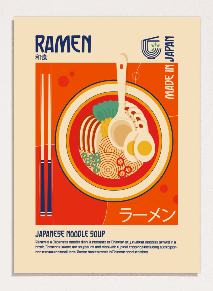A stylized travel poster of Japanese Ramen noodle soup, featuring a central illustration of a bowl filled with noodles, a soft-boiled egg, green onions, and a ladle, set against a warm orange and beige background with &