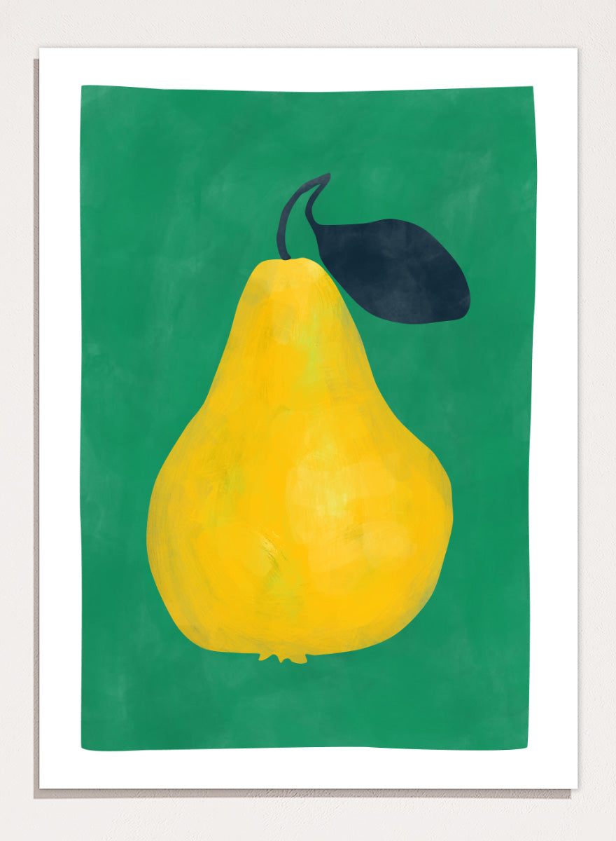 Shop Vibrant Yellow Pear by Elena Ristova, a colorful fruit wall art print poster featuring an oversized yellow pear, dark leaf, and rich green background.