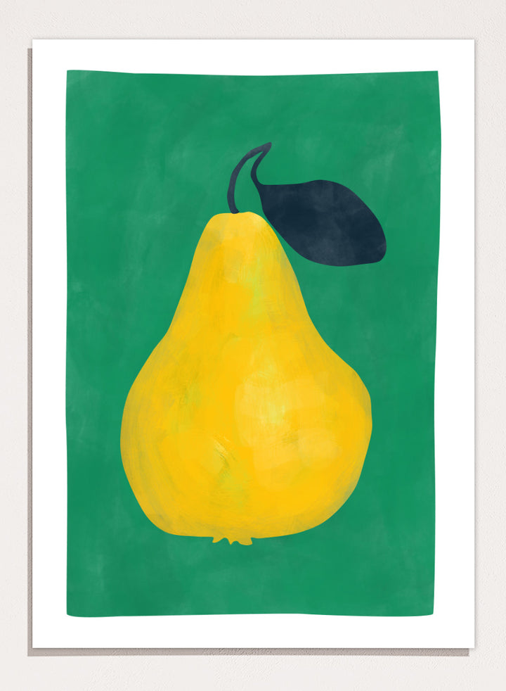Shop Vibrant Yellow Pear by Elena Ristova, a colorful fruit wall art print poster featuring an oversized yellow pear, dark leaf, and rich green background.